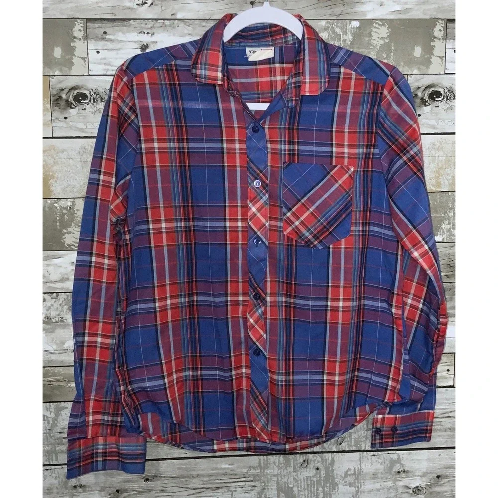 Vintage Square One Girls Red Blue‎ Plaid Button Front Long Sleeve Top Size 14